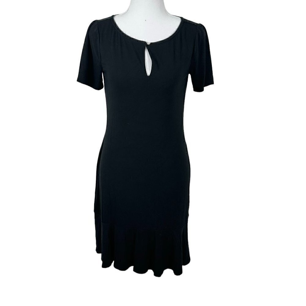 WHBM Stretchy T-shirt Knit Minimal Classic Little Black Dress Ruffle Hem
